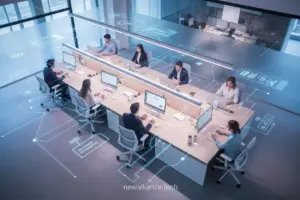 Escritório moderno com fluxos de trabalho automatizados para eficiência empresarial.
