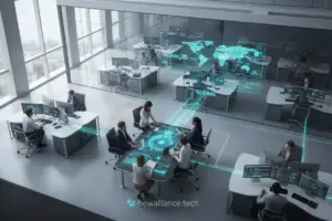 Escritório moderno com equipes colaborando e fluxos digitais automatizados
