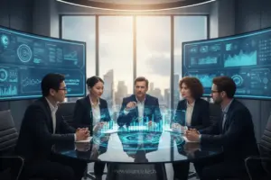 Equipe colaborando com tecnologia avançada para crescimento empresarial